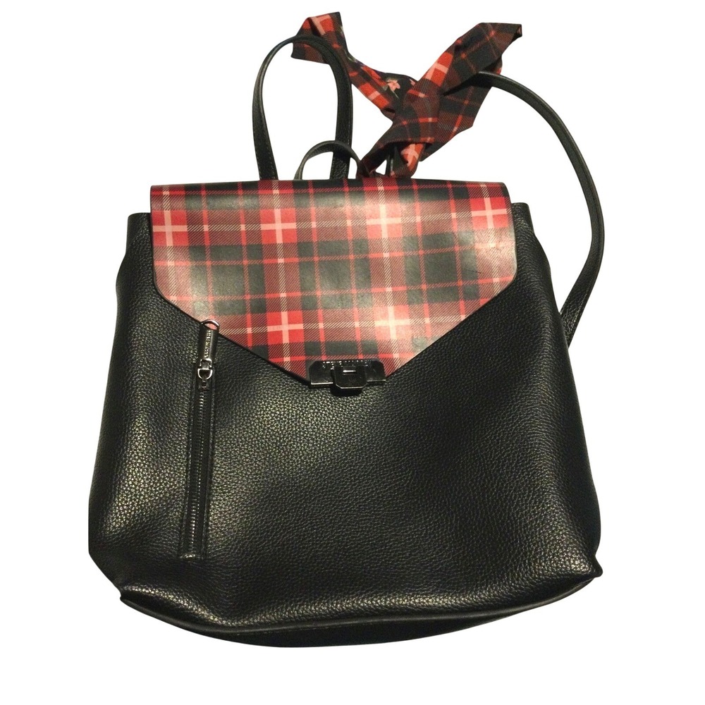 Steve Madden Black Pebbled Plaid Flap Backpack with Scarf and Pouch Accessory‎
